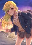  1girl :d bag black_skirt blazer blonde_hair blush bookbag braid brown_eyes gyaru hand_in_pocket highres jacket jewelry kishinaito leaning_forward long_hair looking_at_viewer necklace open_mouth original outdoors pleated_skirt skirt smile solo standing sunset sweater_vest vest 
