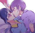  2girls blue_eyes blue_hair blue_shirt collarbone dokidoki!_precure dress_shirt eye_contact glasses hishikawa_rikka holding imminent_kiss kenzaki_makoto long_hair long_sleeves looking_at_another multiple_girls negom open_mouth pajamas precure purple_eyes purple_hair purple_shirt red-framed_eyewear shiny shiny_hair shirt simple_background upper_body white_background yuri 