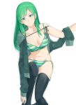  1girl black_legwear bra closed_mouth collarbone green_bra green_eyes green_hair green_jacket green_panties groin hood hood_down hooded_jacket jacket long_hair long_sleeves looking_at_viewer navel open_clothes open_jacket original panties saruno_(eyesonly712) shiny shiny_hair side-tie_panties simple_background solo standing straight_hair striped striped_bra striped_panties thighhighs underwear undressing white_background 
