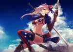  american_flag_bikini applekun asymmetrical_hair bangs bikini breasts bun_cover fate/grand_order fate_(series) flag_print gunblade hair_bun hair_ribbon miyamoto_musashi_(fate/grand_order) miyamoto_musashi_(swimsuit_berserker)_(fate) pink_hair print_swimsuit ribbon shrug_(clothing) side_bun single_sidelock swept_bangs swimsuit underboob weapon 