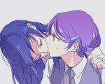  2girls blue_hair closed_eyes collared_shirt dokidoki!_precure fresh_precure! grey_background grey_neckwear hair_ornament hairclip hishikawa_rikka kenzaki_makoto kiss long_hair multiple_girls necktie negom precure purple_eyes purple_hair purple_vest shiny shiny_hair shirt short_hair simple_background sketch upper_body vest white_shirt wing_collar yuri 