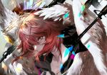  1girl arknights bangs blurry depth_of_field exusiai_(arknights) feathered_wings floating_hair floating_weapon glowing gun hair_between_eyes hair_over_mouth halo hood hood_down jacket multiple_wings portrait pvc_parfait red_hair rifle short_hair solo weapon white_wings wings yellow_eyes 