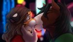  alex_marx alexthecatte_(disambiguation) anthro black_hair blurred_background blush brown_body brown_fur brown_hair clothed clothing clydesdale digital_media_(artwork) draft_horse duo equid equine eyes_closed facial_markings fangs felid female french_kissing fur hair hand_on_cheek head_markings holding_cheek horse interspecies kissing male male/female mammal markings neon_lights omesore orange_body orange_fur pantherine sabertooth_(anatomy) sharp_teeth simple_background smile story story_at_source striped_body striped_fur stripes tashi_gibson teeth tiger tongue tongue_out 