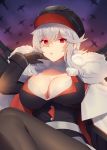  1girl aircraft airplane azur_lane bangs black_headwear bra bra_peek breasts buttons cleavage closed_mouth crossed_bangs eyebrows_visible_through_hair frown gloves graf_zeppelin_(azur_lane) grey_gloves grey_legwear hand_up hat highres large_breasts long_hair long_sleeves looking_at_viewer mimiko_(fuji_310) pantyhose peaked_cap pink_eyes silver_hair sleeve_cuffs solo underwear white_bra 