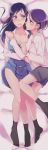  2girls bangs bed_sheet black_legwear blue_dress blue_eyes blue_hair breasts cleavage closed_mouth collarbone dakimakura dokidoki!_precure dress dress_shirt eye_contact from_above full_body grey_shorts hair_ornament hairclip hishikawa_rikka kenzaki_makoto long_hair looking_at_another lying medium_breasts midriff multiple_girls navel negom on_back on_side open_clothes open_mouth open_shirt pinafore_dress precure purple_eyes purple_hair shiny shiny_hair shirt short_dress short_hair short_shorts shorts sleeveless sleeveless_dress socks stomach sweatdrop swept_bangs wavy_mouth white_shirt yuri 