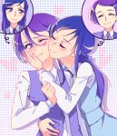  2girls :t arrow_(symbol) bangs blue_eyes blue_hair blue_ribbon blush braid closed_eyes closed_mouth dokidoki!_precure dress_shirt embarrassed hair_ornament hair_ribbon hairclip hishikawa_rikka kenzaki_makoto long_hair long_sleeves multiple_girls necktie negom one_eye_closed precure purple_eyes purple_hair purple_neckwear ribbon shiny shiny_hair shirt short_hair smile swept_bangs upper_body white_shirt yuri 