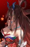  1girl bangs bare_shoulders body_markings breasts brown_hair cleavage collarbone detached_sleeves fate/grand_order fate/requiem fate_(series) gradient gradient_background gradient_hair hair_between_eyes horns japanese_clothes kijo_kouyou_(fate) kimono large_breasts leaf long_hair looking_at_viewer maple_leaf multicolored_hair ponytail red_background rope sash sleeveless sleeveless_kimono slit_pupils smile very_long_hair white_kimono yahako yellow_eyes 