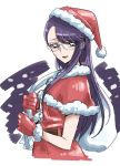  1girl :d bag blue_eyes blush capelet dress floating_hair from_side fur-trimmed_capelet fur-trimmed_gloves fur-trimmed_headwear fur_trim gift_bag glasses gloves hat heartcatch_precure! holding holding_bag long_hair looking_at_viewer open_mouth precure purple_hair red_capelet red_dress red_gloves red_headwear rimless_eyewear santa_costume santa_gloves santa_hat shiny shiny_hair smile solo straight_hair sweatdrop tsukikage_oyama tsukikage_yuri very_long_hair white_background white_bag 