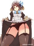  1girl apron ass_visible_through_thighs black_legwear blush bonnet breasts brown_eyes brown_hair dress dress_lift feathers from_below garter_straps grey_legwear hair_feathers juliet_sleeves kikimora_(monster_girl_encyclopedia) lace lace_panties large_tail lifted_by_self long_sleeves looking_at_viewer maid maid_apron monster_girl monster_girl_encyclopedia panties pinky_out puffy_sleeves rtil short_hair small_breasts smile solo tail tail_feathers thick_thighs thighhighs thighs underwear upskirt 