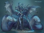  2020 4:3 blue_body breasts claws clothed clothing digital_media_(artwork) european_mythology female feral greek_mythology group hi_res holding_object holding_sword holding_weapon horn humanoid living_hair mammal medusa melee_weapon membrane_(anatomy) membranous_wings mythology navel pseudo_hair reptile scalie simple_background snake snake_hair sword taran_fiddler weapon wings 