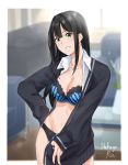  1girl black_hair blue_bra blurry blurry_background bra breasts character_name cleavage collarbone collared_shirt cowboy_shot dress_shirt earrings green_eyes grin groin hair_intakes hand_on_hip idolmaster idolmaster_cinderella_girls jewelry lace lace-trimmed_bra lace-trimmed_panties long_hair medium_breasts necklace open_clothes open_shirt panties saruno_(eyesonly712) school_uniform shibuya_rin shiny shiny_hair shirt smile solo sparkle standing striped striped_bra unbuttoned unbuttoned_shirt underwear v very_long_hair white_shirt wing_collar 