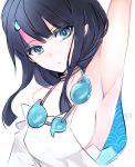  1girl arm_up armpits bangs bare_shoulders black_hair blue_eyes blush breasts collarbone dress fate/grand_order fate/requiem fate_(series) highres jewelry kankitsu_kei large_breasts long_sleeves looking_at_viewer magatama magatama_hair_ornament medium_hair multicolored_hair necklace parted_lips pink_hair puffy_long_sleeves puffy_sleeves sideboob sideless_outfit simple_background streaked_hair utsumi_erise white_background white_dress 