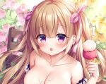  1girl bangs bare_shoulders bench blonde_hair blush breasts cleavage collarbone commentary_request cream_on_body eyebrows_visible_through_hair floral_background food hair_between_eyes hair_ribbon holding holding_food ice_cream large_breasts long_hair looking_at_viewer mitsuba_choco official_art open_mouth original pink_ribbon purple_eyes ribbon sidelocks sitting solo two_side_up upper_body 