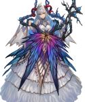  1girl bangs bare_shoulders blue_flower blue_hair blue_rose breasts closed_mouth covered_collarbone dress fire_emblem fire_emblem_heroes flower freya_(fire_emblem_heroes) full_body hair_ornament highres holding horns layered_dress layered_skirt long_hair long_sleeves looking_at_viewer medium_breasts multicolored_hair official_art red_eyes rose silver_hair skirt smile solo staff standing thorns transparent_background turtleneck yoshiku_(oden-usagi) 