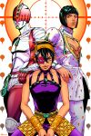  1other 2boys aerosmith_(stand) arm_on_shoulder black_hair bob_cut braid bruno_buccellati choker hair_ornament hairclip jojo_no_kimyou_na_bouken lipstick makeup male_focus marion-ville multiple_boys narancia_ghirga orange_eyes patterned_background smile stand_(jojo) sticky_fingers_(stand) target vento_aureo yellow_lipstick 