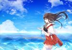  1girl akagi_(kantai_collection) arrow_(projectile) bangs bow_(weapon) brown_eyes brown_hair closed_mouth cloud day eyebrows_visible_through_hair from_side hakama hakama_skirt holding holding_bow_(weapon) holding_weapon japanese_clothes kantai_collection kozu_(bloomme1_me) long_hair muneate ocean outdoors profile quiver red_hakama sky solo tasuki thighhighs water weapon white_legwear wind 