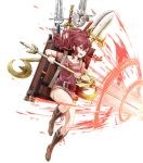  1girl anna_(fire_emblem) backpack bag bangs boots fire_emblem fire_emblem_awakening fire_emblem_heroes full_body highres knee_boots long_hair official_art ponytail red_eyes red_hair short_sleeves shorts solo tied_hair transparent_background weapon 