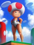  1boy bare_legs blue_sky blue_vest blurry blurry_background briefs brown_eyes closed_mouth cloud commentary day english_commentary grass hairy hands_on_hips happy highres leg_hair legs male_focus male_underwear marc_pi mario_(series) open_clothes open_vest outdoors realistic sky smile solo standing super_mario_bros. toad_(mario) underwear vest watermark white_male_underwear 