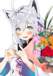  1girl ahoge animal_ear_fluff animal_ears aqua_nails bangs blush bouquet braid commentary_request detached_sleeves eyebrows_visible_through_hair flower fox_ears fox_shadow_puppet green_eyes hair_between_eyes heart heart_hands highres holding holding_bouquet hololive looking_at_viewer nail_polish open_mouth partial_commentary shirakami_fubuki silver_hair simple_background single_braid smile solo upper_body virtual_youtuber white_background wide_sleeves yoyoshi_renga 
