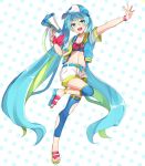  1girl aqua_eyes aqua_hair aqua_nails belt bracelet commentary cutout full_body hat hatsune_miku highres holding_megaphone jacket jewelry kusunokimizuha leg_up long_hair looking_at_viewer megaphone midriff nail_polish open_mouth outstretched_arm polka_dot polka_dot_background shorts single_thighhigh smile solo thighhighs twintails very_long_hair vocaloid white_shorts wrist_bow 