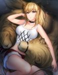  1girl animal_ears arknights black_choker blonde_hair breasts candy cat_ears choker closed_eyes collarbone cuddling cutoffs dot_nose food gigamessy hair_between_eyes holding_lollipop legs lion lion_girl lion_tail lollipop looking_at_viewer lying on_back ponytail red_shorts scarf shorts siege_(arknights) sleeping tail tank_top yellow_eyes 
