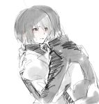  1boy 1girl ahoge araragi_koyomi black_undershirt blush bob_cut commentary empty_eyes hands_on_another&#039;s_back hug jacket juliet_sleeves long_sleeves monochrome monogatari_(series) open_mouth oshino_ougi parted_lips puffy_sleeves retto short_hair simple_background sketch sleeves_past_fingers sleeves_past_wrists surprised sweatdrop turtleneck upper_body white_background 