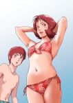  1boy 1girl absurdres amuro_ray arms_behind_head bikini blue_background breasts brown_eyes brown_hair floral_print frau_bow front-tie_bikini front-tie_top gradient gradient_background gundam highres male_swimwear mobile_suit_gundam navel open_mouth red_bikini side-tie_bottom small_breasts smile swim_trunks swimsuit swimwear teikoku_jokyoku 