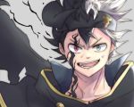  1boy asta_(black_clover) black_clover black_hair black_headband black_wings blue_eyes fang grey_background headband heterochromia highres jinguu_(timaya) looking_at_viewer multicolored_hair red_eyes single_wing solo sweatdrop transformation two-tone_hair upper_body white_hair wings 