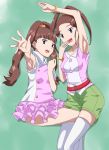  amano_nene armpits breasts brown_hair digimon digimon_xros_wars dress high_ponytail long_hair looking_at_viewer open_mouth purple_eyes ribonzu shorts simple_background smile split_ponytail thighhighs 