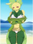  3:4 anthro beach bikini breasts clothed clothing detailed_background female genitals green_body hi_res leavanny nintendo nipples partially_clothed pok&eacute;mon pok&eacute;mon_(species) pussy q_wed red_eyes seaside smile solo swimwear video_games yellow_body 