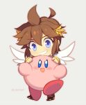  1boy angel_wings blue_eyes bracelet brown_hair chibi grin jewelry kid_icarus kirby kirby_(series) laurel_crown looking_at_another pit_(kid_icarus) sandals smile super_smash_bros. watermark wings wusagi2 