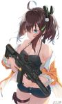  1girl ahoge assault_rifle bare_shoulders blue_eyes blue_shorts blush breasts brown_hair cat_hair_ornament cleavage collarbone dated ebi_frion_(natsuiro_matsuri) gun h&amp;k_hk416 hair_between_eyes hair_ornament hair_ribbon highres holding holding_gun holding_weapon hololive midriff natsuiro_matsuri ribbon rifle short_hair short_shorts shorts side_ponytail simple_background small_breasts smiley_face solo suppressor timo_wei95 trigger_discipline twitter_username virtual_youtuber weapon white_background 
