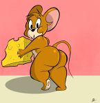  2020 absurd_res anthro big_butt butt cheese dairy_products food hi_res holding_food holding_object iyzeekiil jerry_mouse male mammal metro-goldwyn-mayer mouse multicolored_body murid murine pawpads plantigrade rodent signature slightly_chubby solo surprise thick_thighs tom_and_jerry two_tone_body 