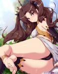  1girl ahoge animeflux anklet ass asymmetrical_legwear black_legwear black_panties black_sleeves blush breasts brown_hair cameltoe detached_sleeves earrings english_commentary fate/grand_order fate_(series) feet hair_ribbon hairband head_tilt hoop_earrings ishtar_(fate)_(all) jewelry long_hair looking_at_viewer lying nose_blush on_side panties pantyshot red_eyes ribbon single_detached_sleeve single_sleeve single_thighhigh small_breasts soles solo source_request spiked_hairband spikes sweat thighhighs thighs toes two_side_up underwear upskirt 