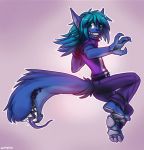  2014 4_fingers anthro blue_body blue_eyes blue_fur blue_hair canid canine clothed clothing digital_media_(artwork) fingers fox fur hair hi_res long_hair male mammal open_mouth pawpads paws simple_background solo tail_maw tail_mouth tailmouth_(species) teeth tongue varion zummeng 