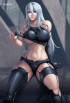  1girl android black_legwear black_shorts breasts elbow_gloves flowerxl gloves joints large_breasts lifted_by_self lips looking_at_viewer mole mole_under_mouth navel nier_(series) nier_automata no_bra post-apocalypse robot_joints ruins short_shorts shorts silver_eyes silver_hair single_elbow_glove single_thighhigh sitting solo tank_top thighhighs underboob undressing yorha_type_a_no._2 