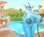  2017 anthro anthrofied areola big_breasts bikini blonde_hair blue_body blue_nipples blue_skin bottomwear bra breast_expansion breasts bulge camel_toe clothed clothing duo eeveelution english_text erection erection_under_clothing eyewear female fence fin game_boy game_boy_family hair hi_res hose huge_breasts hyper hyper_breasts inflation lifeguard linoone lysergide male nintendo nipples nude outside palm_tree pok&eacute;mon pok&eacute;mon_(species) pok&eacute;morph shorts sign smile sunglasses swimming_pool swimwear tenting text topless translucent translucent_clothing tree umbrella underwear vaporeon video_games water wet wide_hips 