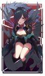  1girl :p animal_ears armor bandaged_hands bandages bangs black_footwear black_hair black_shorts blue_eyes boots breasts bug butterfly cleavage collar dragon dragon_ears eyebrows_visible_through_hair hair_ornament hair_over_one_eye highres insect large_breasts ngtr_kaina puzzle_&amp;_dragons red_background red_collar roche_(p&amp;d) short_hair shorts solo spikes thigh_strap tongue tongue_out wide_sleeves 