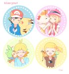  2boys 2girls baseball_cap black_hair black_shirt blonde_hair blue_jacket blue_jumpsuit blush braixen brother_and_sister brown_eyes cheek_kiss chespin citron_(pokemon) closed_eyes commentary_request dedenne dress english_text eureka_(pokemon) flying_sweatdrops gen_1_pokemon gen_6_pokemon glasses hat heart jacket jumpsuit kiss legendary_pokemon light_brown_hair looking_at_another mei_(maysroom) multiple_boys multiple_girls on_shoulder one_eye_closed open_mouth pikachu pink_dress pink_headwear pokemon pokemon_(anime) pokemon_(creature) pokemon_on_shoulder pokemon_xy_(anime) puni_(pokemon) red_headwear satoshi_(pokemon) serena_(pokemon) shirt short_hair siblings side_ponytail sleeveless_duster smile starter_pokemon upper_body white_background zygarde zygarde_core |d 