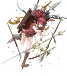  1girl anna_(fire_emblem) backpack bag bangs boots fire_emblem fire_emblem_awakening fire_emblem_heroes full_body highres knee_boots long_hair official_art ponytail red_eyes red_hair short_sleeves shorts solo tied_hair transparent_background weapon 