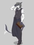  3:4 anthro black_body blue_eyes bottomwear clothed clothing fan_character fish grey_hair hair holding_object male marine pants q_wed shark simple_background smile solo white_body 