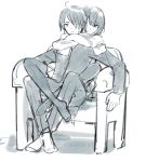  1boy 1girl ahoge araragi_koyomi arms_around_neck bangs black_legwear bob_cut chair commentary crossed_ankles crossed_arms front_to_back furrowed_eyebrows hair_between_eyes hair_over_one_eye hug jacket leg_lock light_frown light_smile looking_at_another looking_back monochrome monogatari_(series) on_chair oshino_ougi pants pantyhose pleated_skirt retto school_uniform shadow short_hair simple_background sitting sketch skirt sleeves_past_fingers sleeves_past_wrists socks sweatdrop white_background 