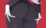  1girl ass ass_focus black_pants close-up demon_tail formal fraankyy from_behind helltaker highres long_hair lucifer_(helltaker) pants red_background red_shirt shirt simple_background solo suit tail thick_thighs thighs 