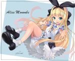  1girl absurdres alice_in_wonderland apron bangs black_bow black_footwear blonde_hair bloomers blue_dress blush bow dark_fuu dress eyebrows_visible_through_hair green_eyes hair_bow hair_ribbon hairband highres long_hair looking_at_viewer mononobe_alice nijisanji open_mouth puffy_short_sleeves puffy_sleeves ribbon short_sleeves smile solo underwear very_long_hair virtual_youtuber white_legwear 