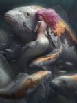  1girl absurdres animal bare_back carp closed_eyes closed_mouth english_commentary fins fish floating_hair from_behind hand_up highres huge_filesize koi kotikomori long_hair mechanical_arm mermaid monster_girl nude original oversized_animal pink_hair profile school_of_fish submerged 