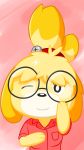  9:16 alphaws animal_crossing bell canid canine canis clothing domestic_dog eyewear female glasses hi_res isabelle_(animal_crossing) looking_at_viewer mammal nintendo shirt solo topwear video_games 