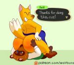  animal_crossing anthro barefoot big_butt blue_eyes blush bodily_fluids brown_body brown_fur butt canid canine clothed clothing crazy_redd duo english_text erection erection_under_clothing eyes_closed facesitting fox fur genital_fluids grin larger_male loincloth male male/male mammal mostly_nude nintendo patreon_username precum precum_through_clothing raccoon_dog simple_background size_difference smaller_male smile speech_bubble sweat tanuki text tom_nook_(animal_crossing) video_games wet wet_clothing white_body white_fur wolfbuns yellow_body yellow_fur 