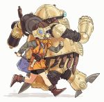  1girl bag bike_shorts blue_eyes boots chrono_trigger full_body glasses hammer helmet highres hosodayo lucca_ashtear open_mouth purple_hair robo robot running satchel shirt smile tunic 