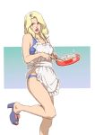  1girl absurdres apron beltorchika_irma bikini blonde_hair blue_bikini blue_eyes breasts collarbone food frying_pan gundam high_heels highres open_mouth pink_nails red_lips small_breasts solo spoon standing standing_on_one_leg swimsuit teikoku_jokyoku toenail_polish zeta_gundam 