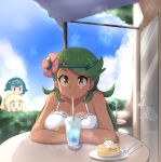  3girls blonde_hair blue_eyes blue_hair blush breasts cloud commentary_request cup day drinking drinking_straw flower food fork green_eyes green_hair hair_flower hair_ornament highres knife lillie_(pokemon) long_hair looking_at_another looking_at_viewer mao_(pokemon) multiple_girls pancake peeping pokemon pokemon_(game) pokemon_sm robert_m shade sky suiren_(pokemon) watching 